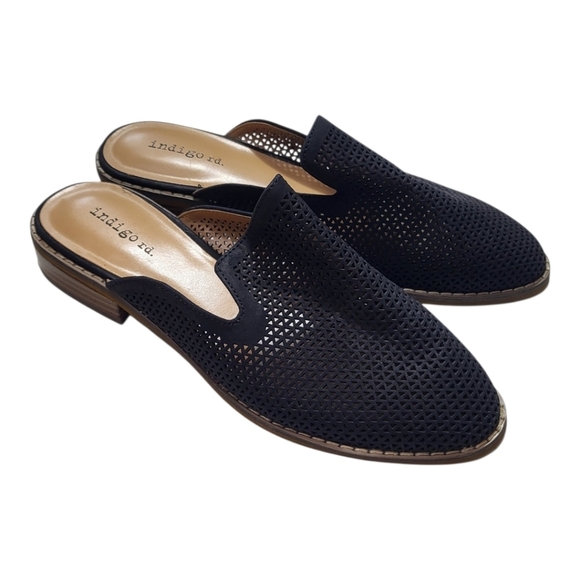 Indigo Shoes - Indigo Rd Black Slip On Perforated Mules Flats New Without Box Size 7